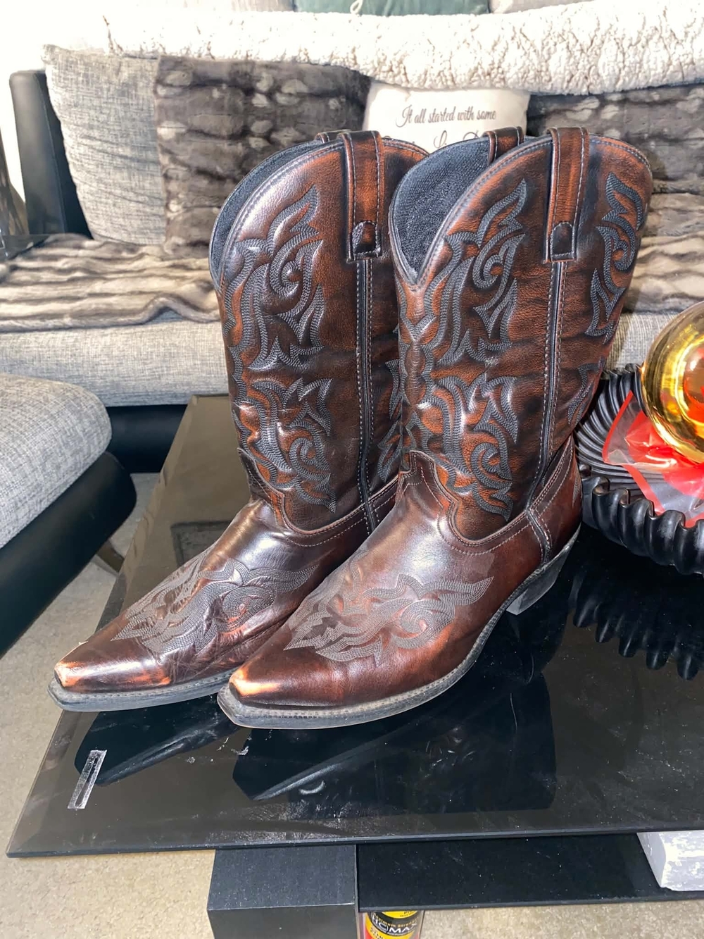Laredo Brown Leather Western Cowboy Boots with Dark Embroidered Accents